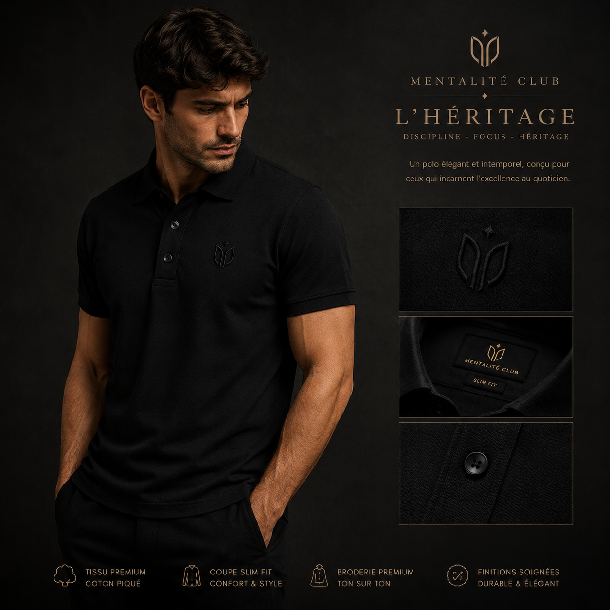 L'Héritage — Polo Slim Fit Noir Profond
